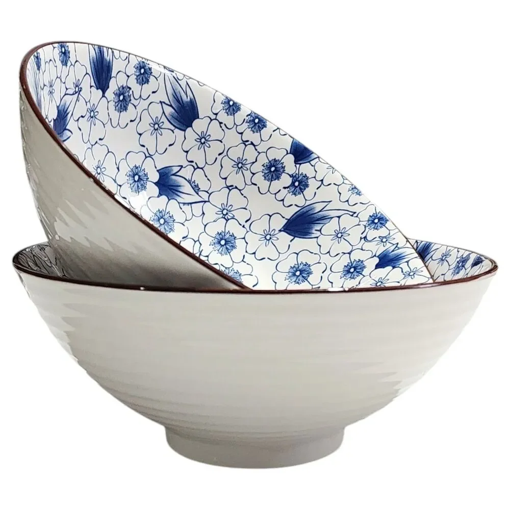 SH Home Blue Floral Ceramic Ramen Noodle Bowl Set of 2 With Chopsticks And Spoon
